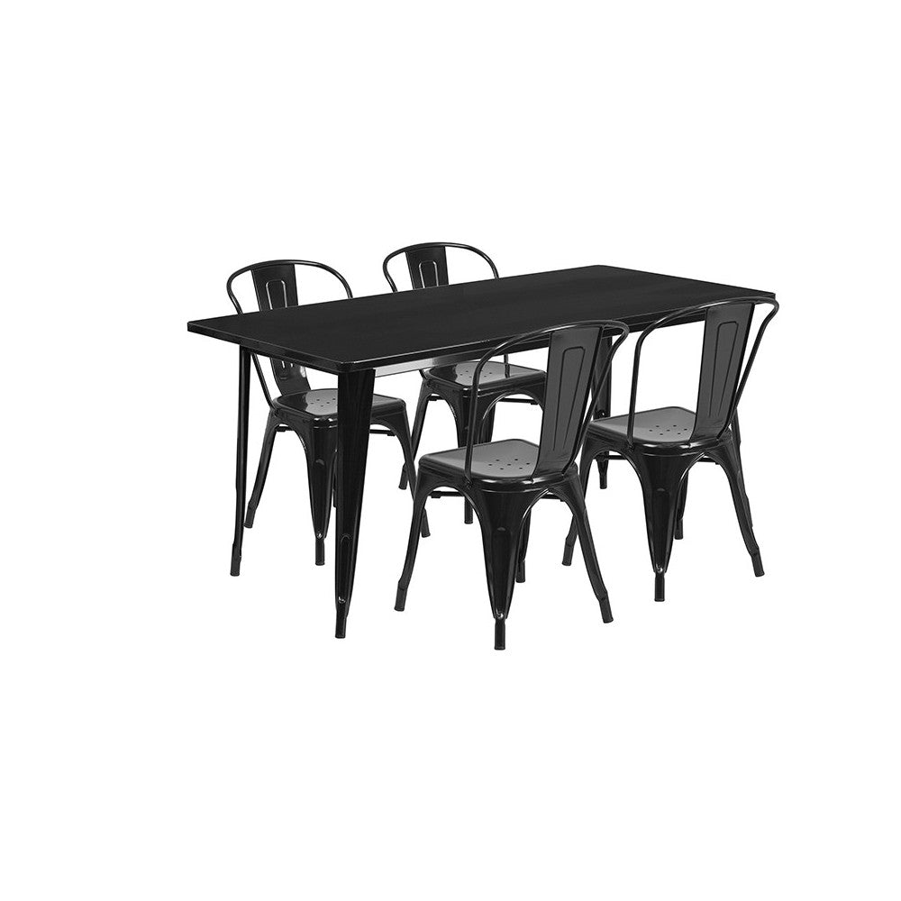 Commercial Grade 31.5" x 63" Rectangular Black Metal Indoor-Outdoor Table Set with 4 Stack Chairs