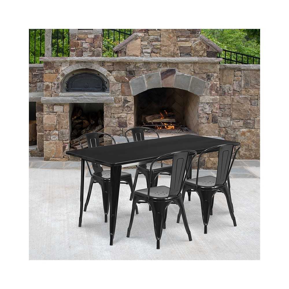 Commercial Grade 31.5" x 63" Rectangular Black Metal Indoor-Outdoor Table Set with 4 Stack Chairs