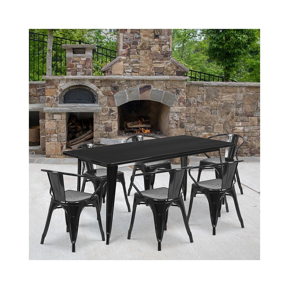 Commercial Grade 31.5" x 63" Rectangular Black Metal Indoor-Outdoor Table Set with 6 Arm Chairs