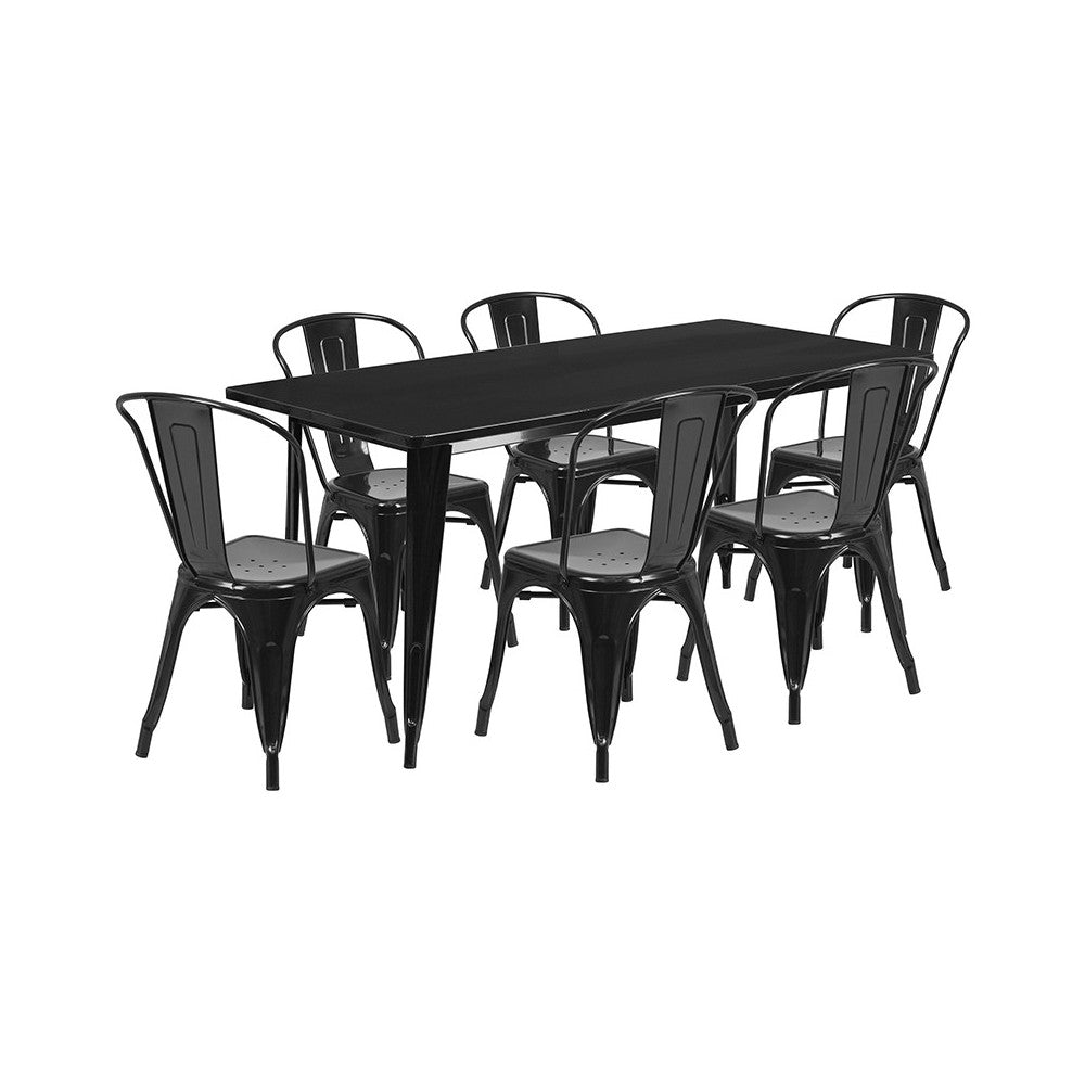 Commercial Grade 31.5" x 63" Rectangular Black Metal Indoor-Outdoor Table Set with 6 Stack Chairs