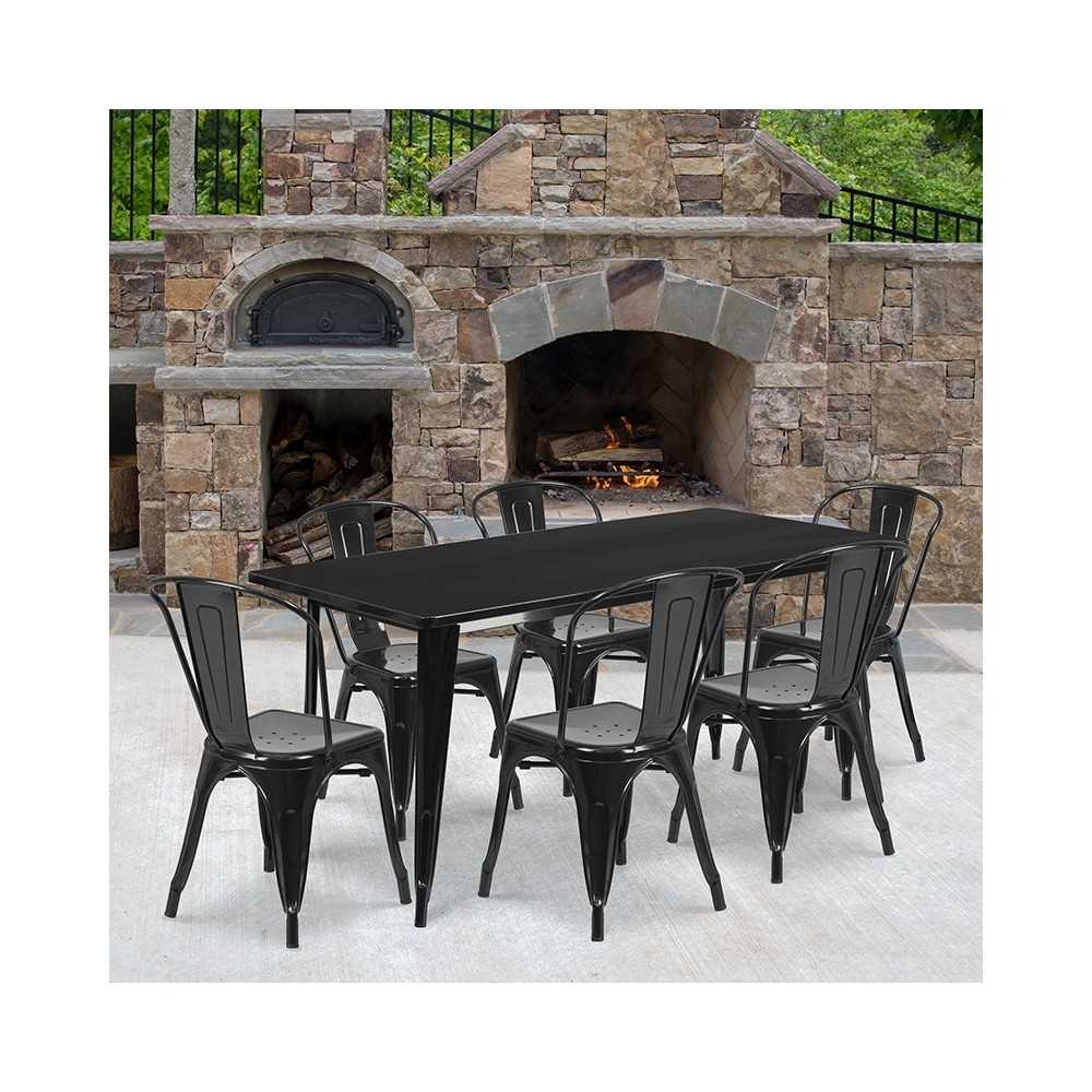 Commercial Grade 31.5" x 63" Rectangular Black Metal Indoor-Outdoor Table Set with 6 Stack Chairs