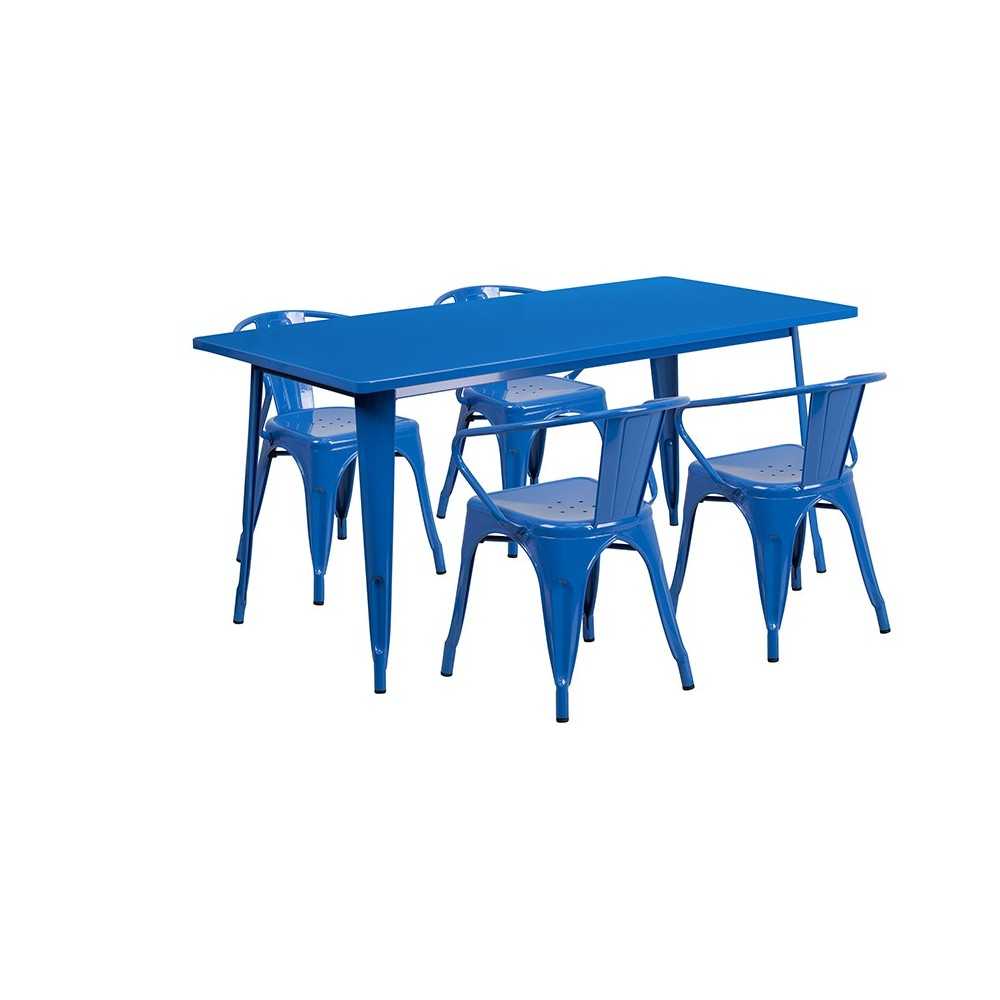 Commercial Grade 31.5" x 63" Rectangular Blue Metal Indoor-Outdoor Table Set with 4 Arm Chairs