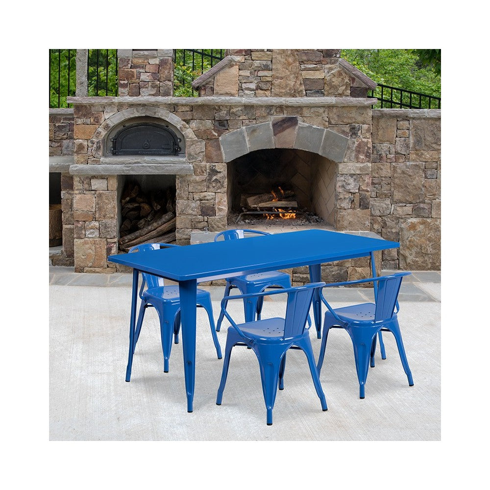 Commercial Grade 31.5" x 63" Rectangular Blue Metal Indoor-Outdoor Table Set with 4 Arm Chairs