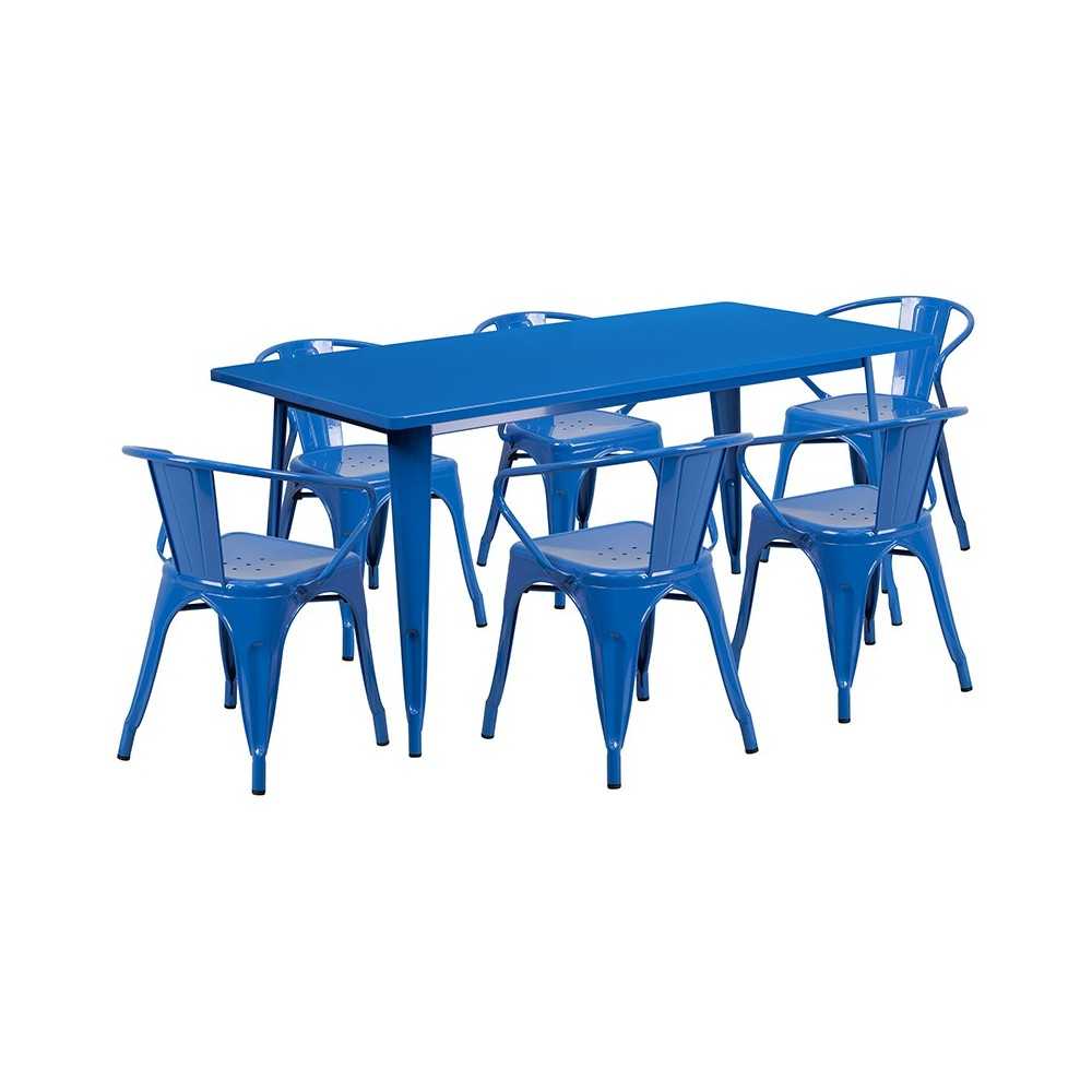 Commercial Grade 31.5" x 63" Rectangular Blue Metal Indoor-Outdoor Table Set with 6 Arm Chairs