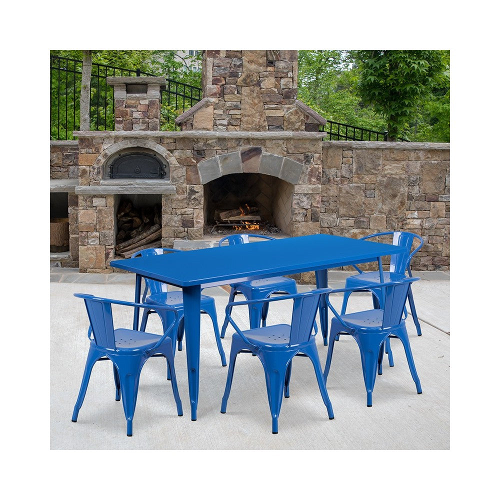 Commercial Grade 31.5" x 63" Rectangular Blue Metal Indoor-Outdoor Table Set with 6 Arm Chairs