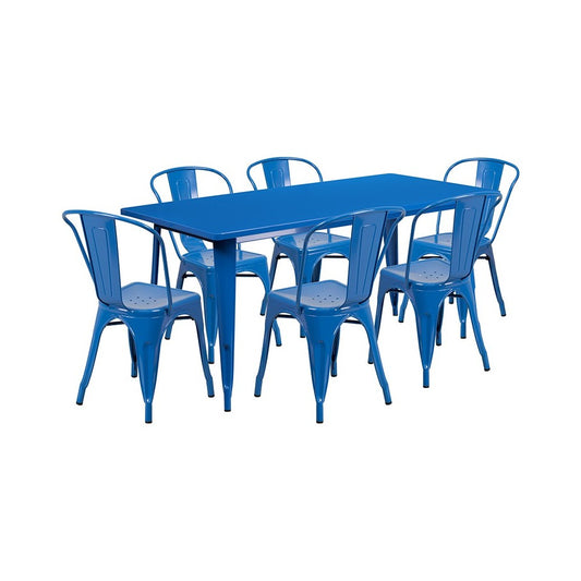 Commercial Grade 31.5" x 63" Rectangular Blue Metal Indoor-Outdoor Table Set with 6 Stack Chairs