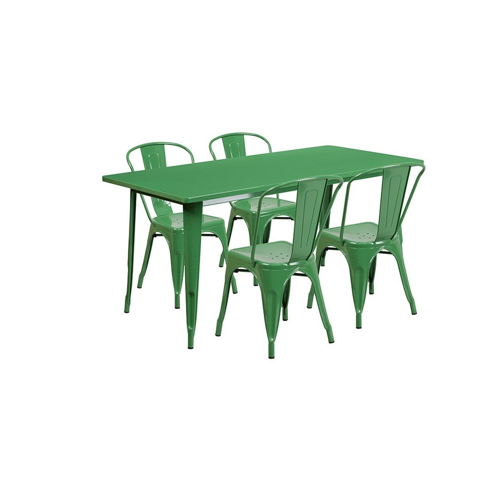 Commercial Grade 31.5" x 63" Rectangular Green Metal Indoor-Outdoor Table Set with 4 Stack Chairs