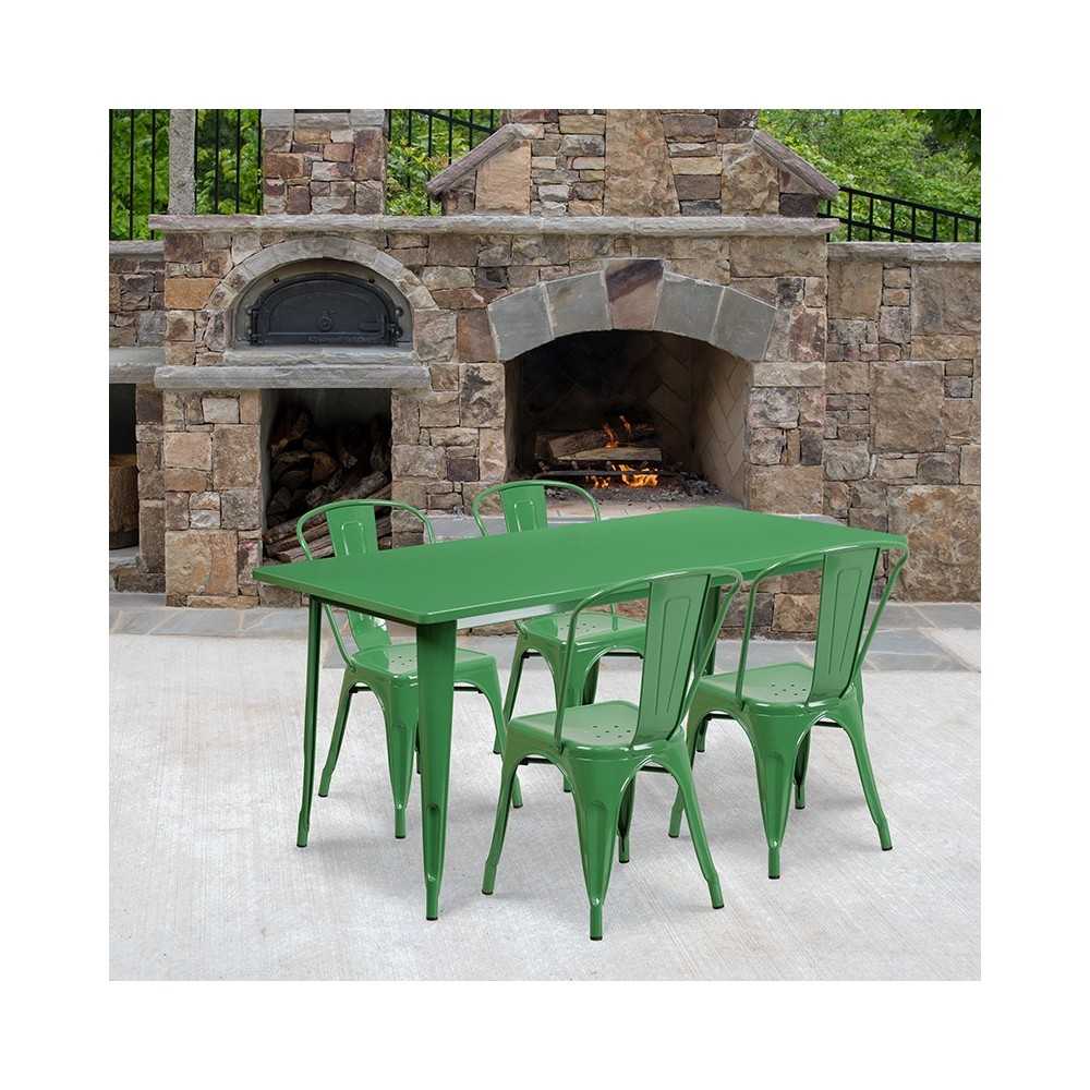 Commercial Grade 31.5" x 63" Rectangular Green Metal Indoor-Outdoor Table Set with 4 Stack Chairs
