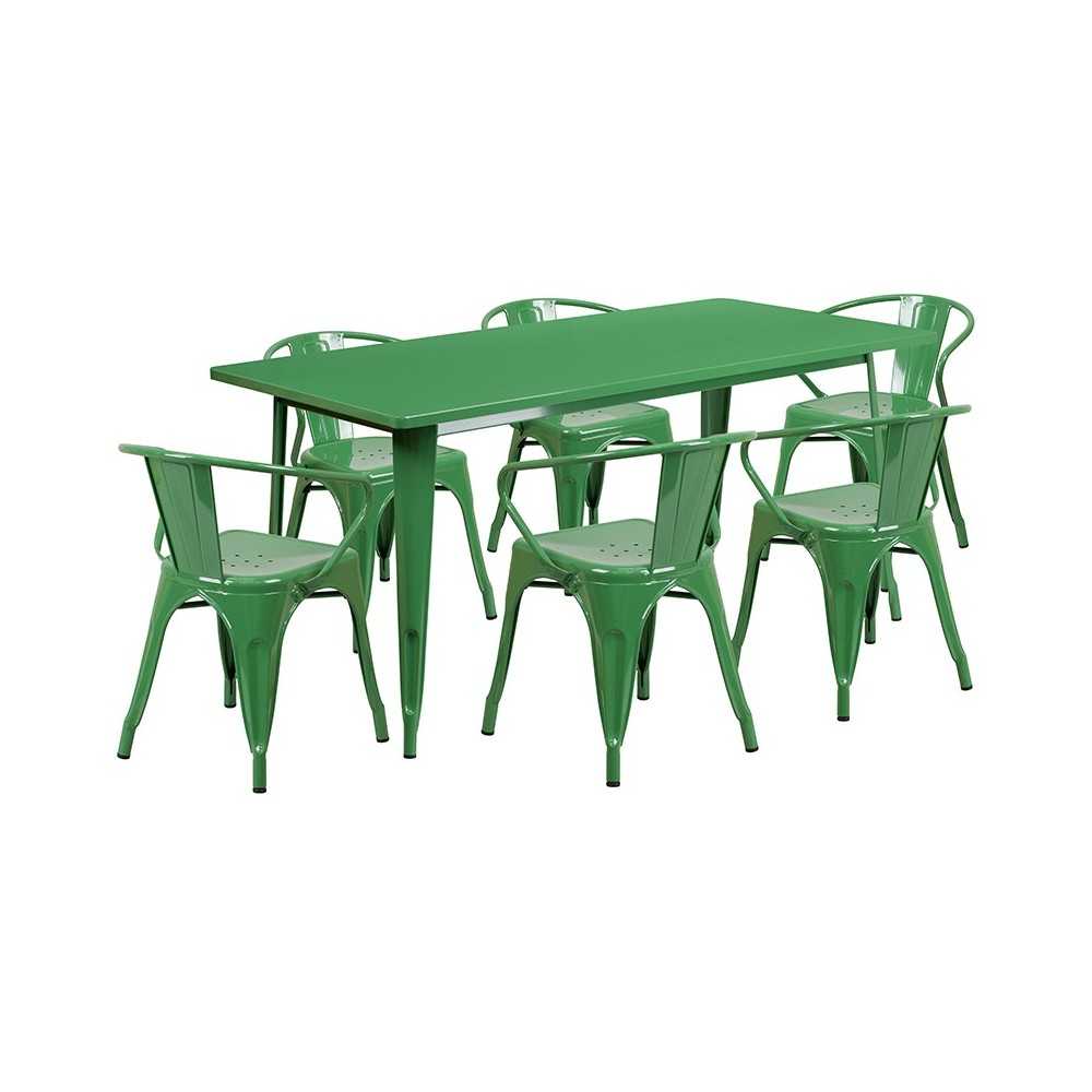 Commercial Grade 31.5" x 63" Rectangular Green Metal Indoor-Outdoor Table Set with 6 Arm Chairs