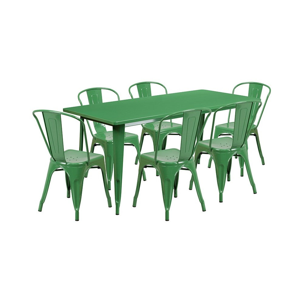 Commercial Grade 31.5" x 63" Rectangular Green Metal Indoor-Outdoor Table Set with 6 Stack Chairs