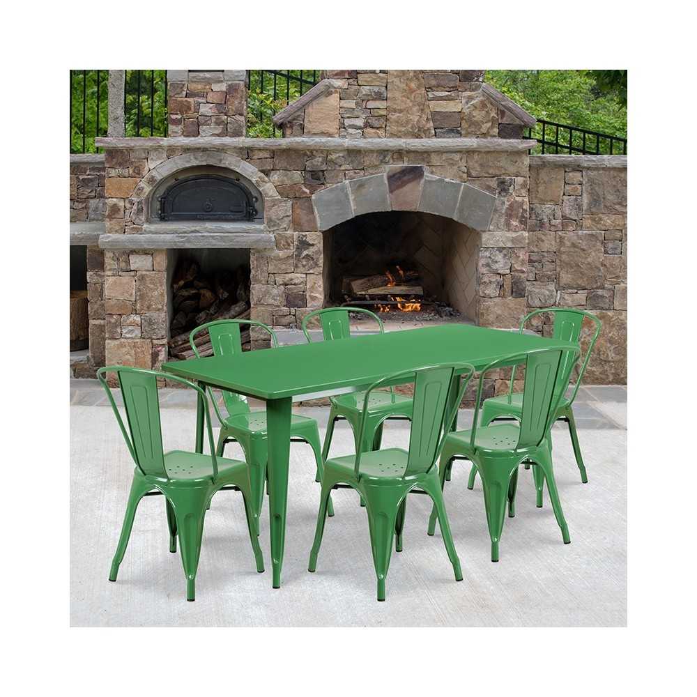 Commercial Grade 31.5" x 63" Rectangular Green Metal Indoor-Outdoor Table Set with 6 Stack Chairs