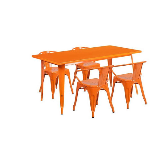 Commercial Grade 31.5" x 63" Rectangular Orange Metal Indoor-Outdoor Table Set with 4 Arm Chairs