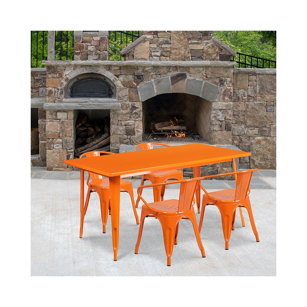 Commercial Grade 31.5" x 63" Rectangular Orange Metal Indoor-Outdoor Table Set with 4 Arm Chairs