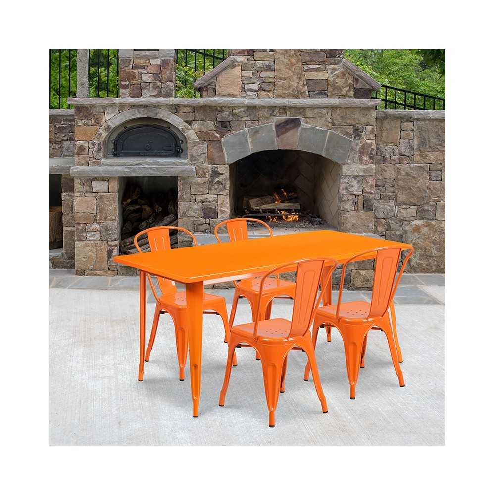 Commercial Grade 31.5" x 63" Rectangular Orange Metal Indoor-Outdoor Table Set with 4 Stack Chairs