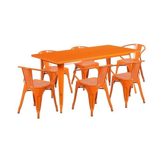 Commercial Grade 31.5" x 63" Rectangular Orange Metal Indoor-Outdoor Table Set with 6 Arm Chairs