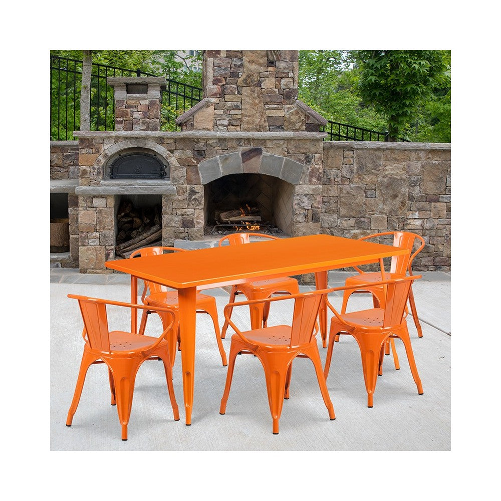 Commercial Grade 31.5" x 63" Rectangular Orange Metal Indoor-Outdoor Table Set with 6 Arm Chairs