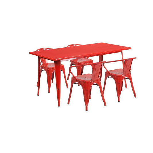 Commercial Grade 31.5" x 63" Rectangular Red Metal Indoor-Outdoor Table Set with 4 Arm Chairs