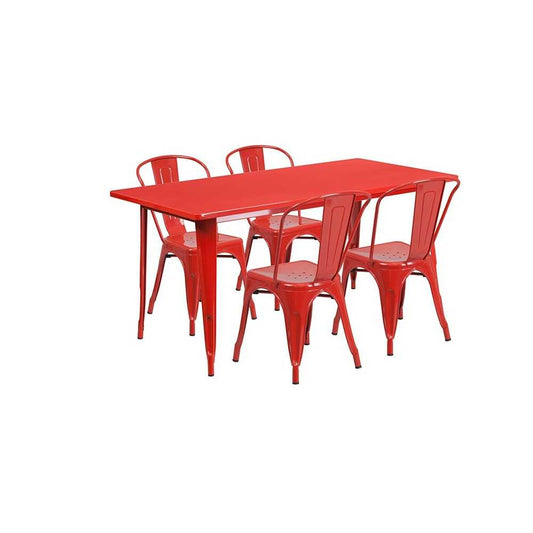 Commercial Grade 31.5" x 63" Rectangular Red Metal Indoor-Outdoor Table Set with 4 Stack Chairs