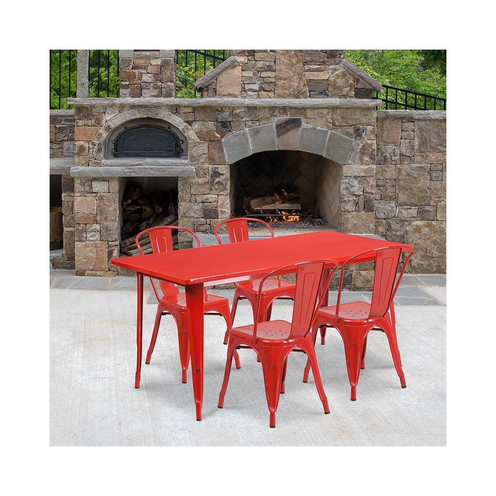 Commercial Grade 31.5" x 63" Rectangular Red Metal Indoor-Outdoor Table Set with 4 Stack Chairs