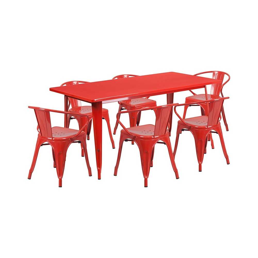 Commercial Grade 31.5" x 63" Rectangular Red Metal Indoor-Outdoor Table Set with 6 Arm Chairs