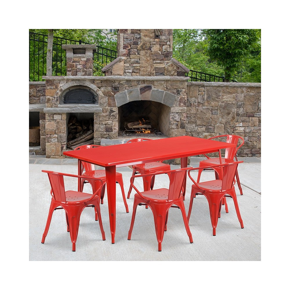 Commercial Grade 31.5" x 63" Rectangular Red Metal Indoor-Outdoor Table Set with 6 Arm Chairs