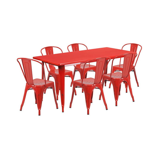 Commercial Grade 31.5" x 63" Rectangular Red Metal Indoor-Outdoor Table Set with 6 Stack Chairs