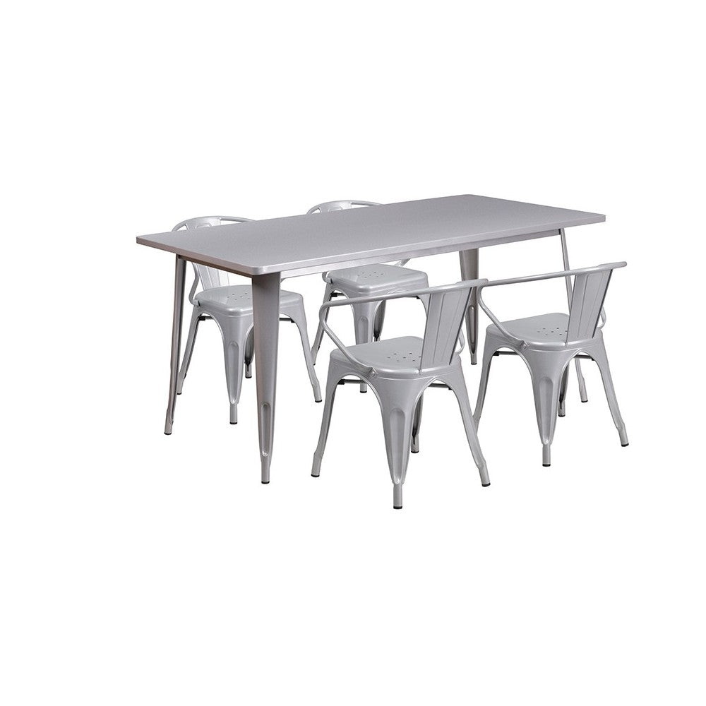 Commercial Grade 31.5" x 63" Rectangular Silver Metal Indoor-Outdoor Table Set with 4 Arm Chairs