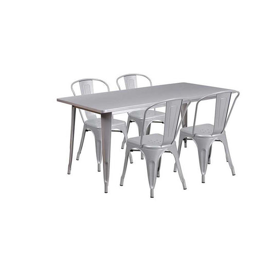 Commercial Grade 31.5" x 63" Rectangular Silver Metal Indoor-Outdoor Table Set with 4 Stack Chairs