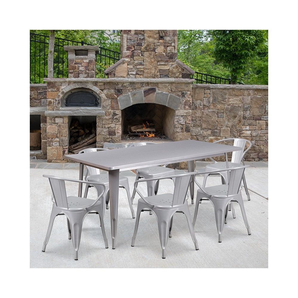 Commercial Grade 31.5" x 63" Rectangular Silver Metal Indoor-Outdoor Table Set with 6 Arm Chairs