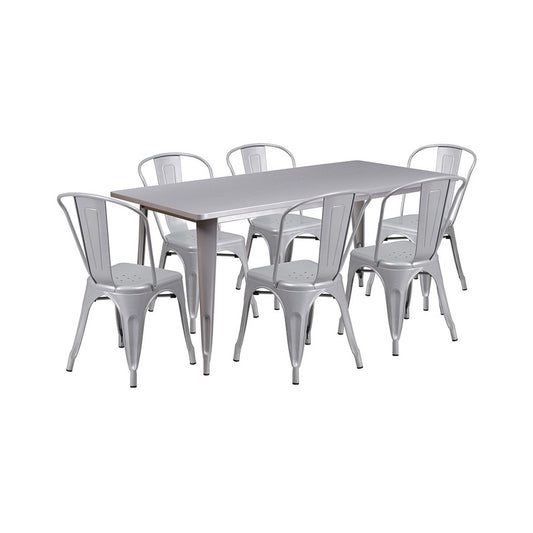 Commercial Grade 31.5" x 63" Rectangular Silver Metal Indoor-Outdoor Table Set with 6 Stack Chairs