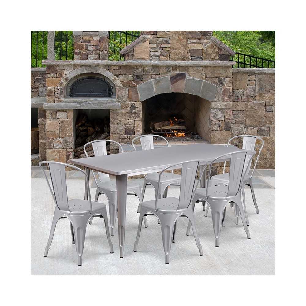 Commercial Grade 31.5" x 63" Rectangular Silver Metal Indoor-Outdoor Table Set with 6 Stack Chairs