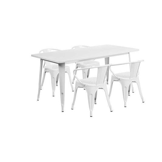 Commercial Grade 31.5" x 63" Rectangular White Metal Indoor-Outdoor Table Set with 4 Arm Chairs