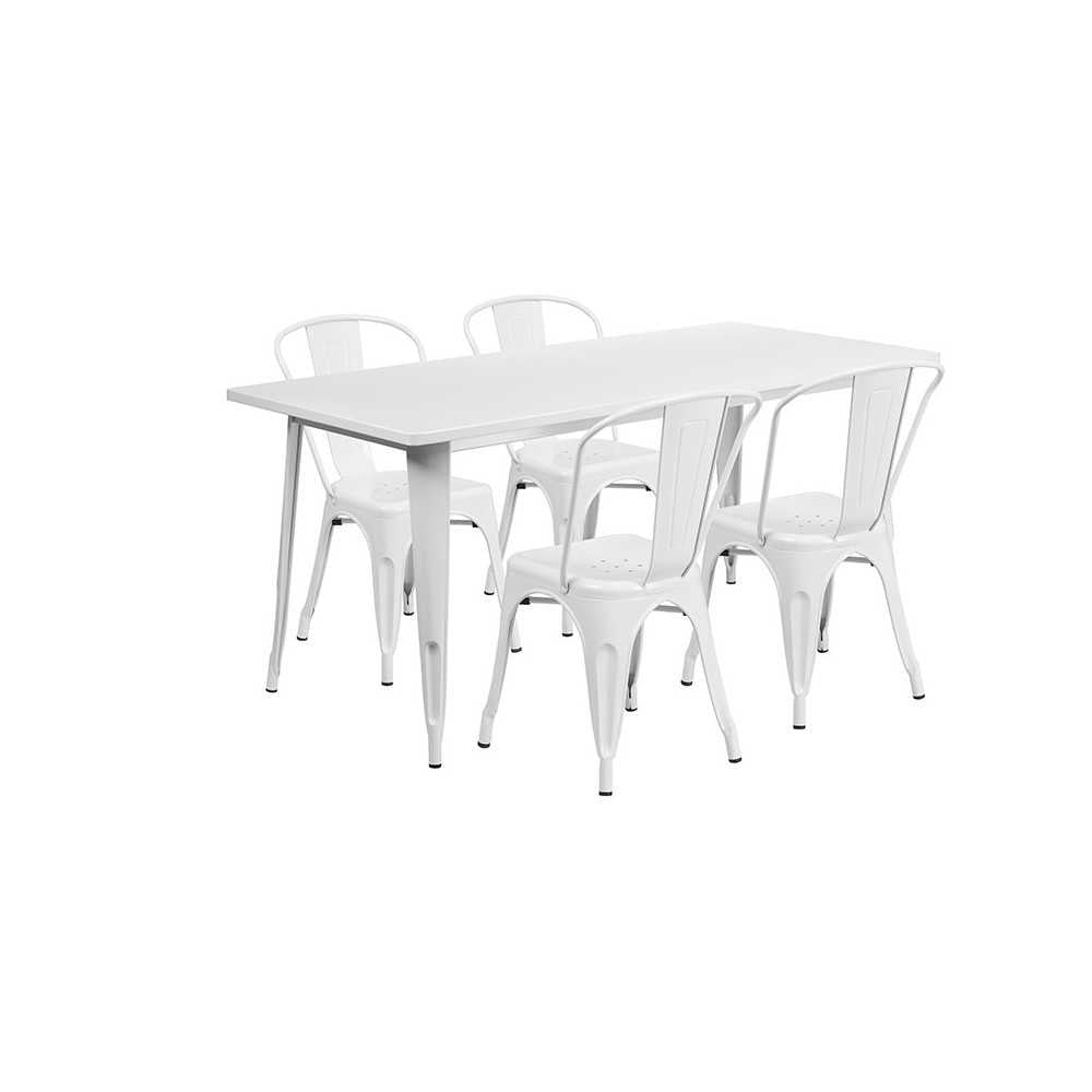 Commercial Grade 31.5" x 63" Rectangular White Metal Indoor-Outdoor Table Set with 4 Stack Chairs