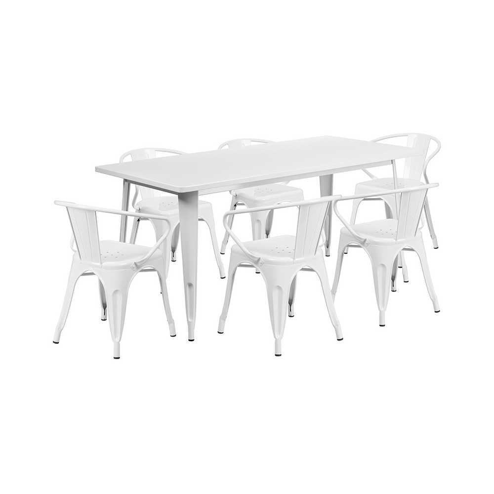 Commercial Grade 31.5" x 63" Rectangular White Metal Indoor-Outdoor Table Set with 6 Arm Chairs