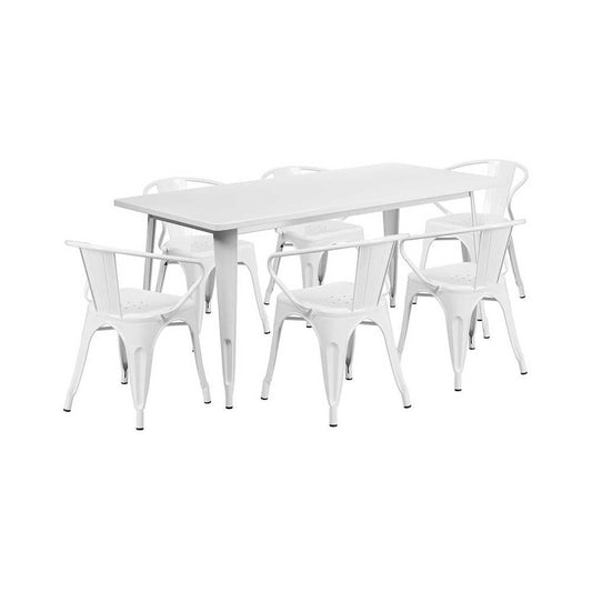 Commercial Grade 31.5" x 63" Rectangular White Metal Indoor-Outdoor Table Set with 6 Arm Chairs