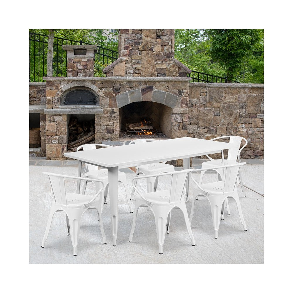 Commercial Grade 31.5" x 63" Rectangular White Metal Indoor-Outdoor Table Set with 6 Arm Chairs