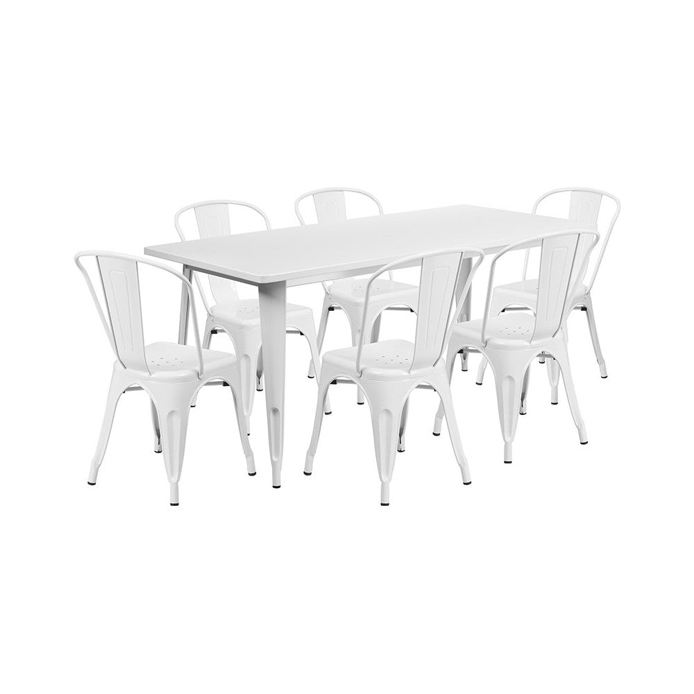 Commercial Grade 31.5" x 63" Rectangular White Metal Indoor-Outdoor Table Set with 6 Stack Chairs