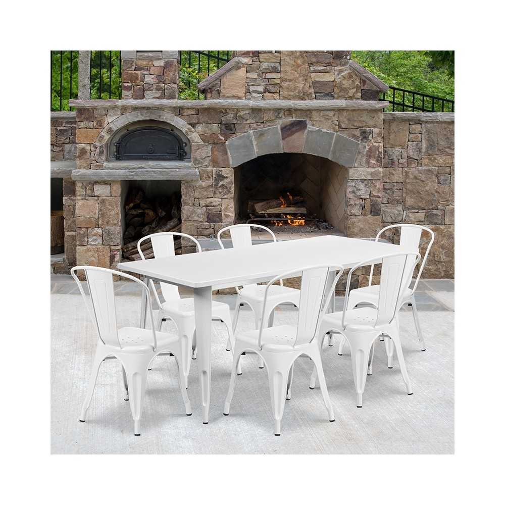 Commercial Grade 31.5" x 63" Rectangular White Metal Indoor-Outdoor Table Set with 6 Stack Chairs