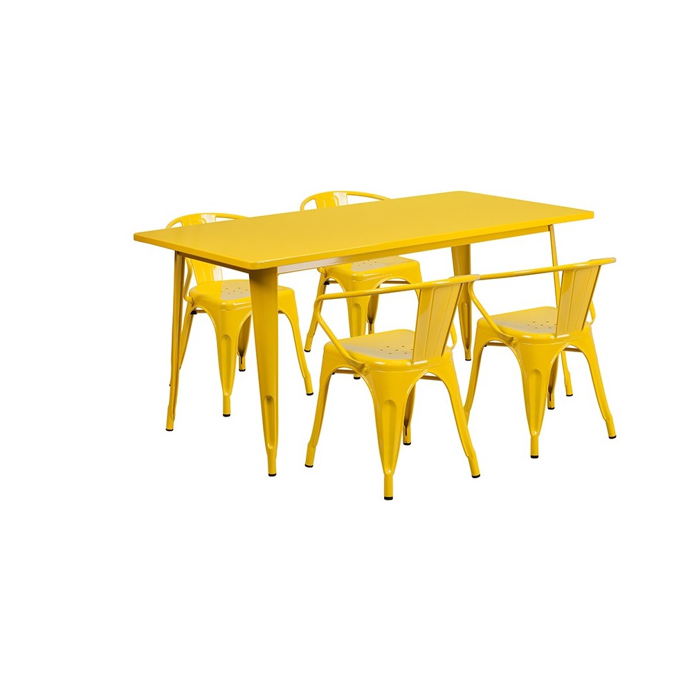 Commercial Grade 31.5" x 63" Rectangular Yellow Metal Indoor-Outdoor Table Set with 4 Arm Chairs