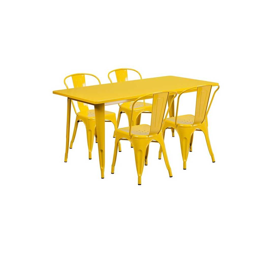 Commercial Grade 31.5" x 63" Rectangular Yellow Metal Indoor-Outdoor Table Set with 4 Stack Chairs