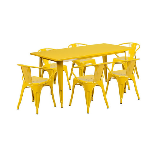 Commercial Grade 31.5" x 63" Rectangular Yellow Metal Indoor-Outdoor Table Set with 6 Arm Chairs