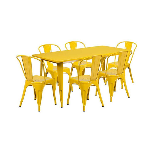 Commercial Grade 31.5" x 63" Rectangular Yellow Metal Indoor-Outdoor Table Set with 6 Stack Chairs