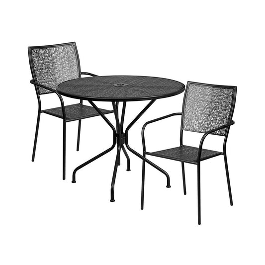 Commercial Grade 35.25" Round Black Indoor-Outdoor Steel Patio Table Set with 2 Square Back Chairs