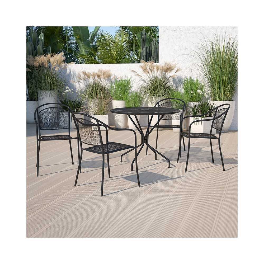 Commercial Grade 35.25" Round Black Indoor-Outdoor Steel Patio Table Set with 4 Round Back Chairs