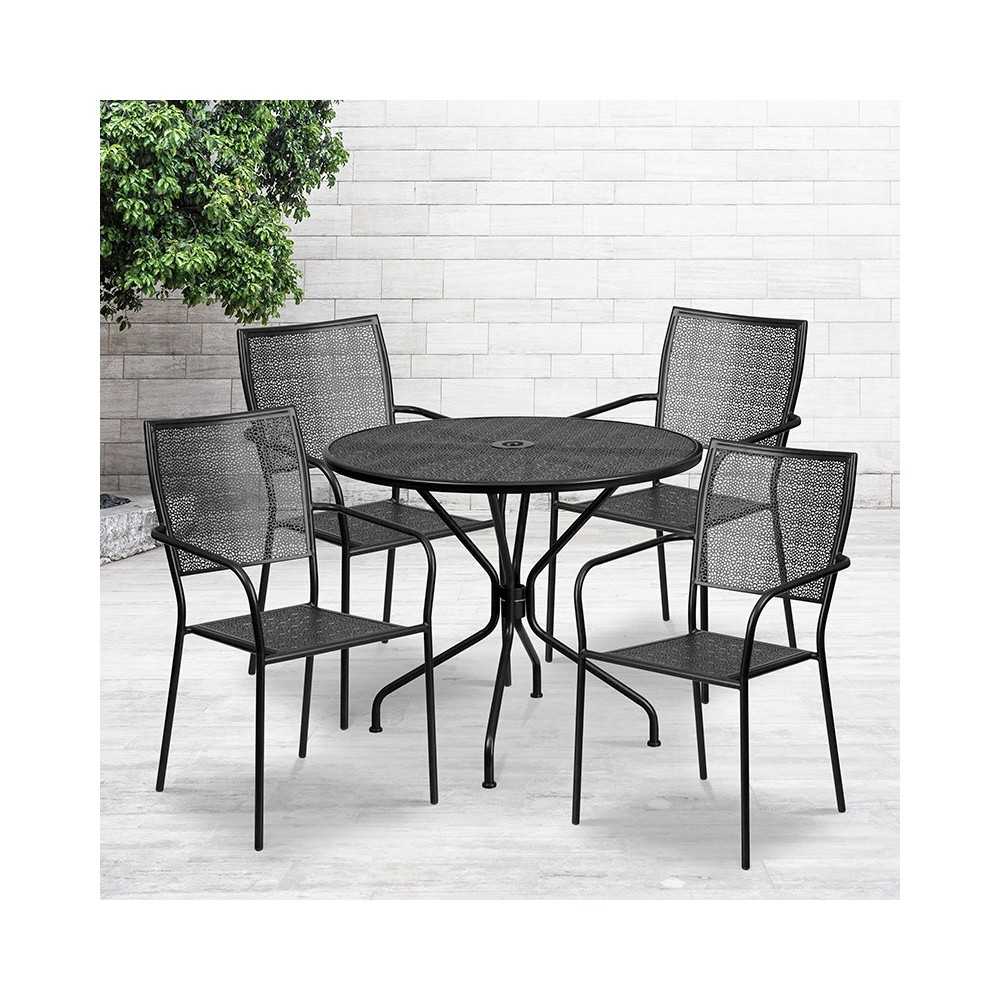 Commercial Grade 35.25" Round Black Indoor-Outdoor Steel Patio Table Set with 4 Square Back Chairs