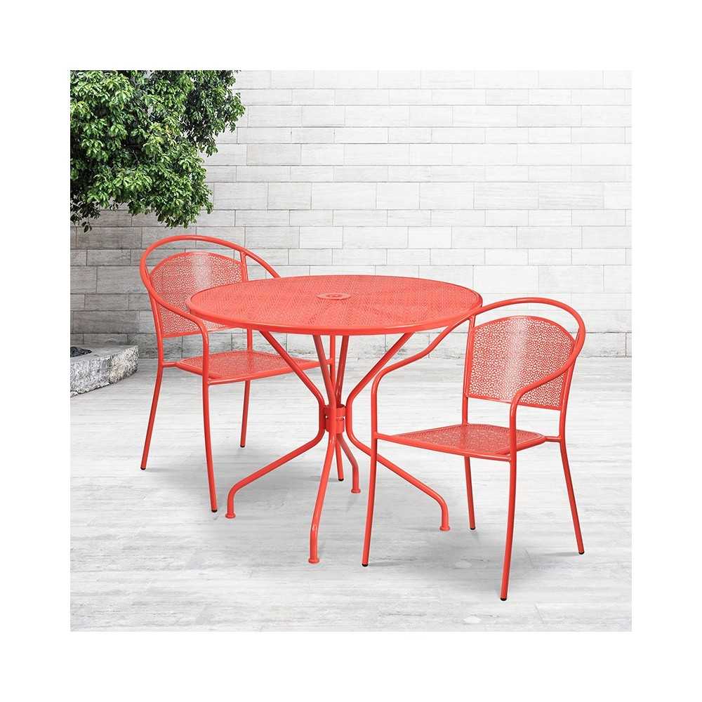 Commercial Grade 35.25" Round Coral Indoor-Outdoor Steel Patio Table Set with 2 Round Back Chairs