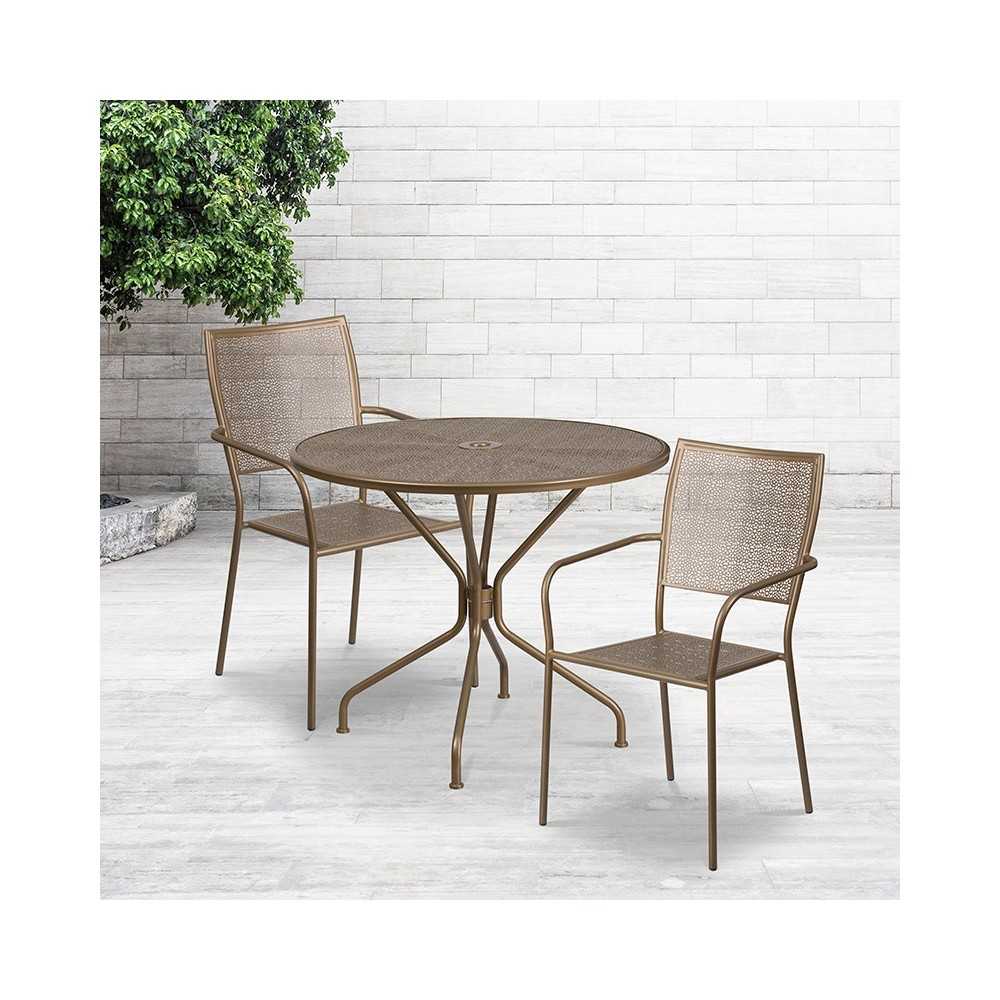 Commercial Grade 35.25" Round Gold Indoor-Outdoor Steel Patio Table Set with 2 Square Back Chairs