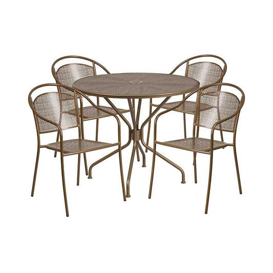 Commercial Grade 35.25" Round Gold Indoor-Outdoor Steel Patio Table Set with 4 Round Back Chairs