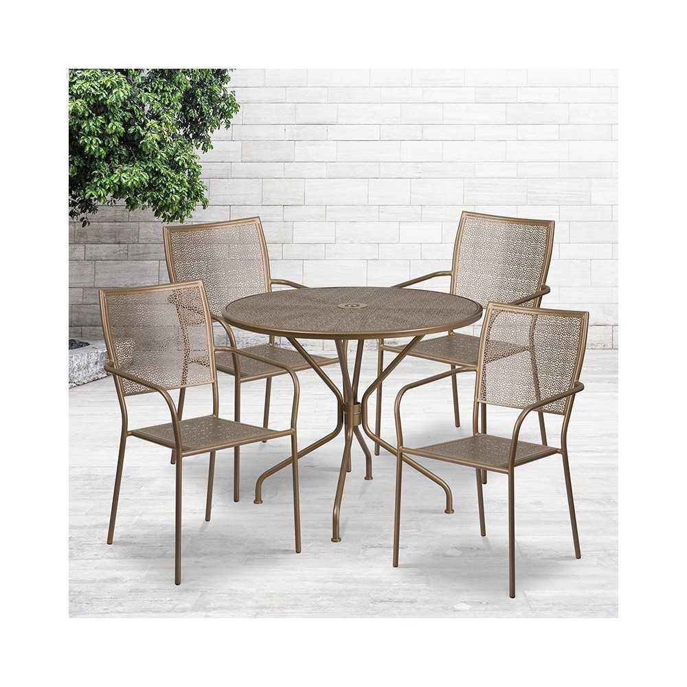 Commercial Grade 35.25" Round Gold Indoor-Outdoor Steel Patio Table Set with 4 Square Back Chairs