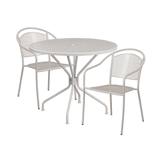 Commercial Grade 35.25" Round Light Gray Indoor-Outdoor Steel Patio Table Set with 2 Round Back Chairs